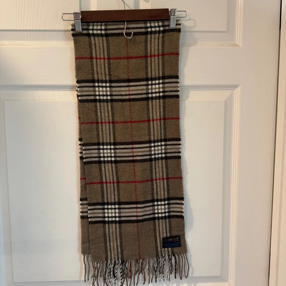 V. Fraas Scarf Cashmink Women One Size Tan Plaid Check Fringed Made in Germany